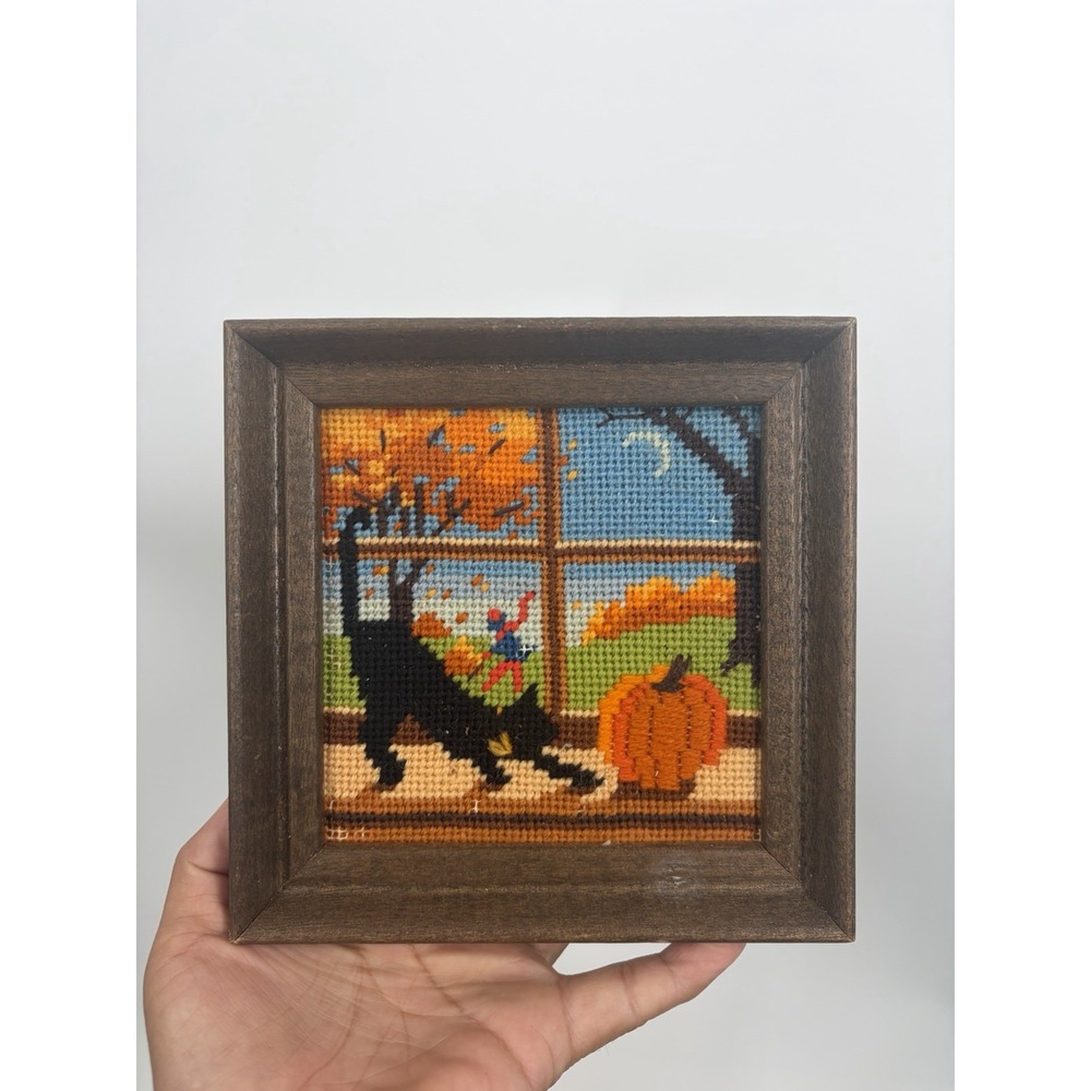 VTG Fall Embroidery Crewel Needlepoint Framed Cat Wall Hanging Decor Pumpkin